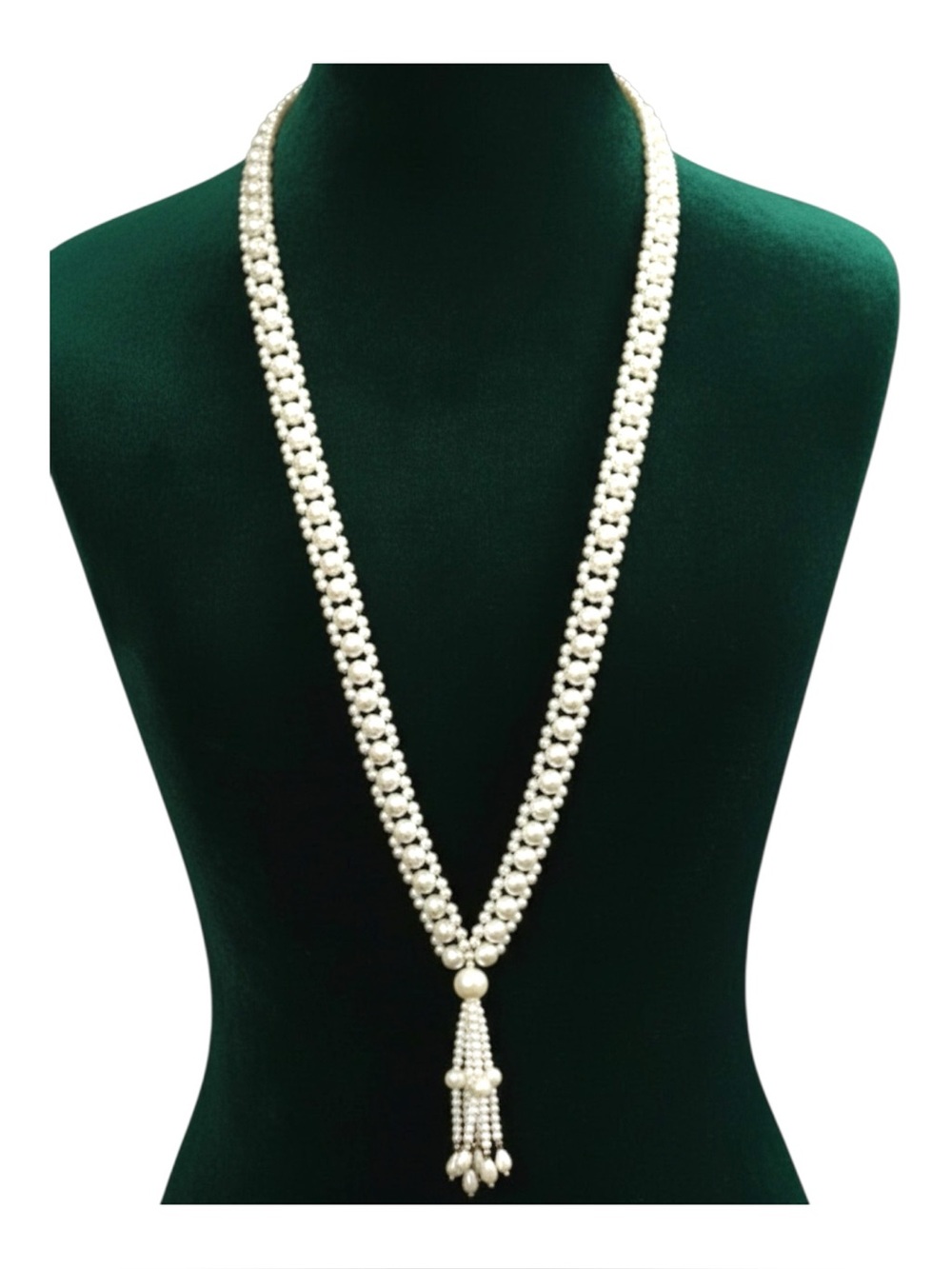 Vintage Faux Pearl Woven Lariat Necklace Long Tassel Statement Jewelry